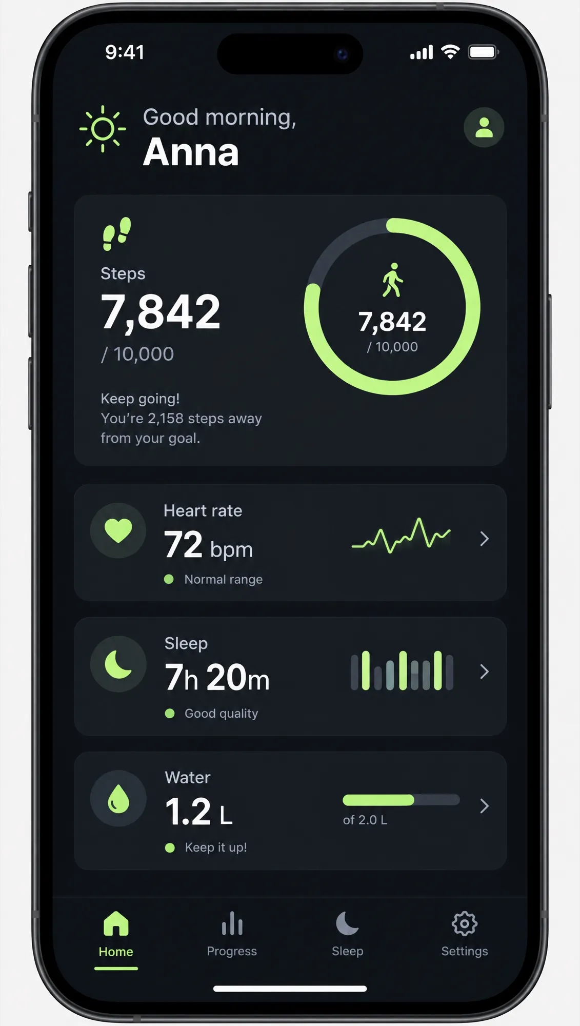 Écran d'une appli fitness sur smartphone : pas, pouls, sommeil et eau, accent vert citron sur thème sombre