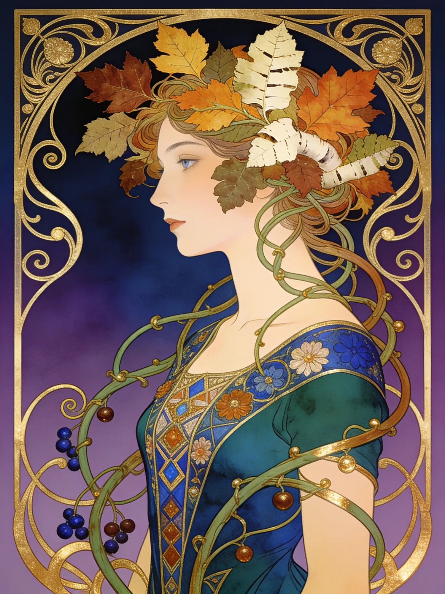 Illustration art nouveau : une femme aux cheveux de feuilles d'automne et de lianes dans un cadre doré ornemental