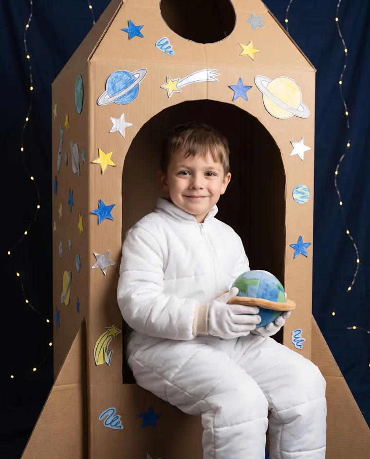 Un garçon en combinaison d’astronaute blanche en jouet assis dans une fusée en carton avec des étoiles en papier, tenant une planète en jouet
