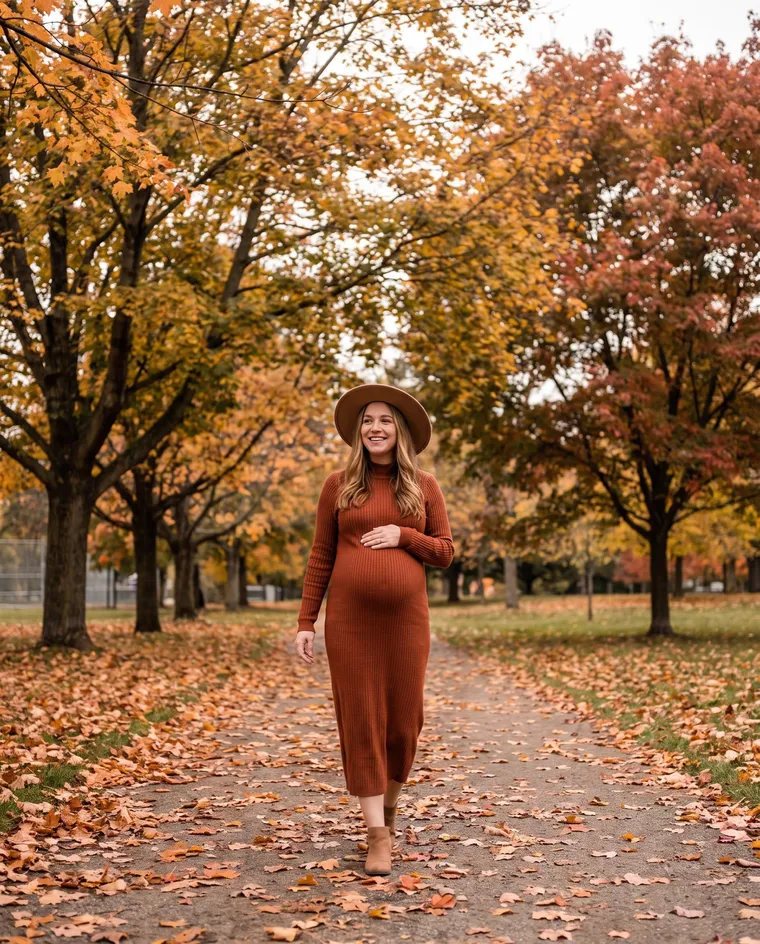 Une femme enceinte en longue robe en maille couleur rouille et chapeau marche dans une allée de parc bordée d’érables dorés