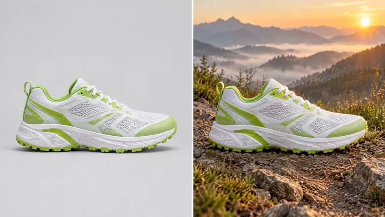 La même basket blanche et vert citron : à gauche sur un fond gris de studio, à droite sur un sentier de montagne rocailleux au lever du soleil