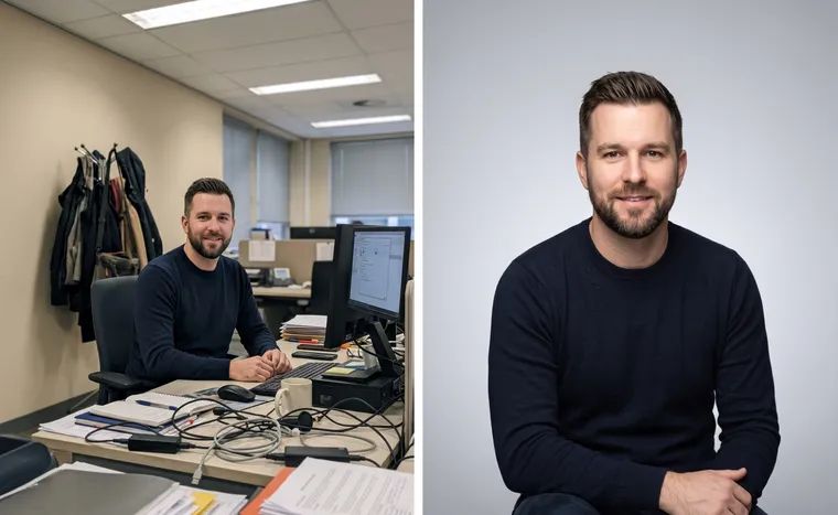 À gauche, un homme à un bureau encombré sous des néons ; à droite, le même homme sur un fond de studio gris