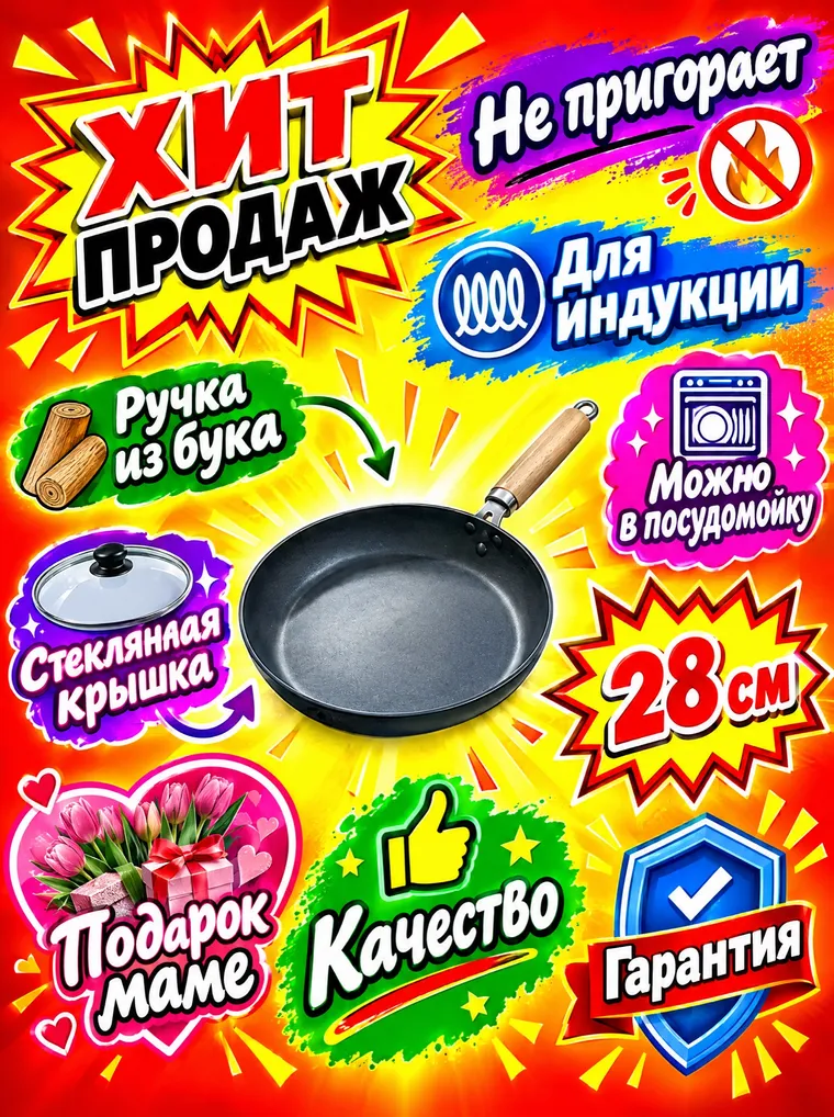 Visuel surchargé : une petite poêle sur un dégradé rouge et jaune au milieu de dix pastilles criardes avec des textes comme « BEST-SELLER », « Cadeau pour maman », « Qualité », « Garantie » et d’autres