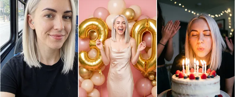 À gauche, le selfie d’origine d’une femme au carré platine dans un bus ; au centre, la même femme dans un studio rose parmi des ballons et des chiffres dorés 30 ; à droite, elle souffle les bougies d’un gâteau aux fruits rouges