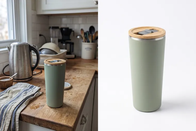 À gauche, un mug isotherme sur un plan de travail à côté d’une bouilloire et d’un torchon ; à droite, le même mug sur un fond blanc propre