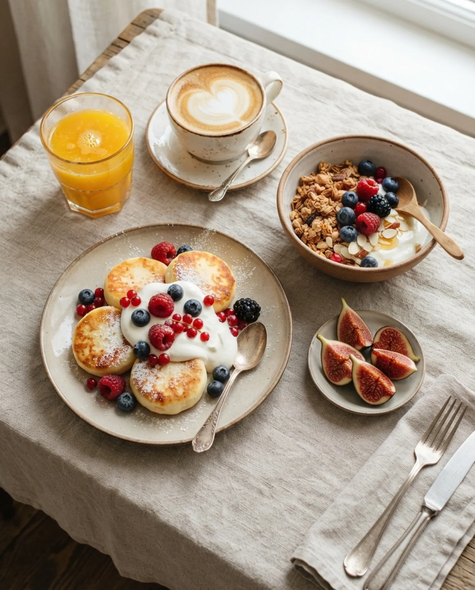 Petit-déjeuner vu de dessus : syrniki aux baies, granola, figues, jus d'orange et cappuccino