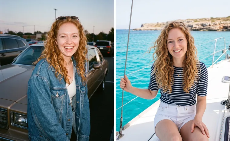 À gauche, une femme aux boucles rousses en veste en jean près d’une voiture vintage, au flash ; à droite, la même sur le pont d’un yacht devant une mer turquoise