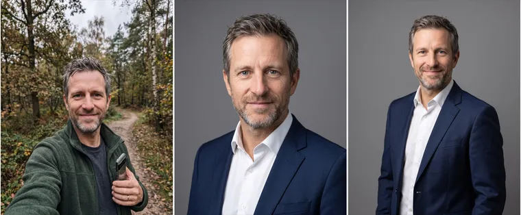 À gauche, le selfie d’origine d’un homme à la barbe grisonnante dans une forêt ; au centre, un portrait business avec pores et rides ; à droite, le même portrait à la peau lissée