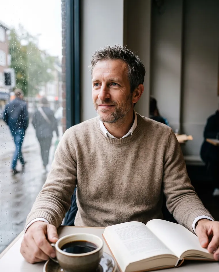 Un homme en pull beige assis près de la fenêtre d’un café avec une tasse de café noir et un livre ouvert regarde par la fenêtre