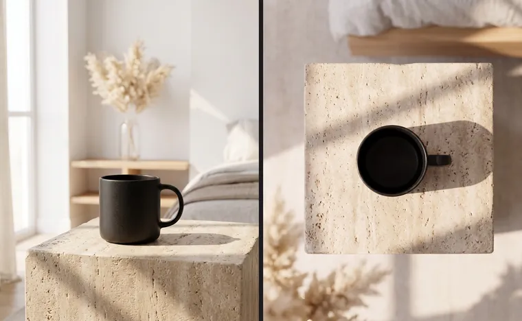 Mug noir sur un socle en travertin : à gauche vu de côté, à droite la même scène vue du dessus