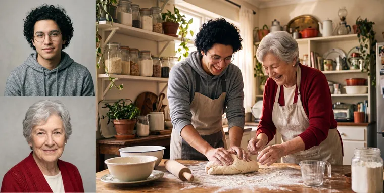 À gauche, deux portraits studio de référence — un jeune homme à lunettes et une femme âgée en gilet rouge ; à droite, tous deux pétrissent une pâte dans une cuisine