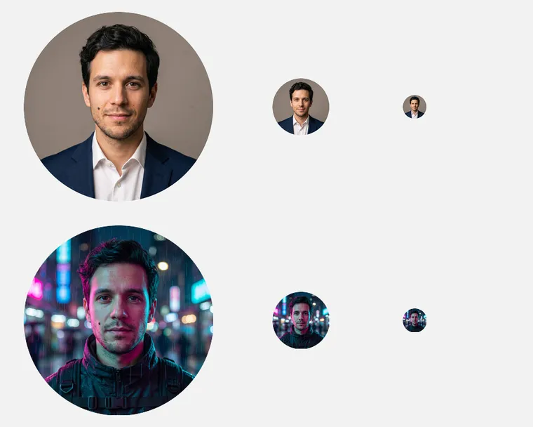 Avatars professionnel et néon du même homme dans un cercle de 320, 96 et 40 pixels