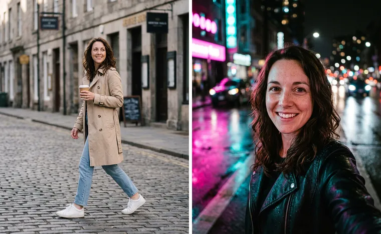 À gauche, une femme en trench beige avec un café dans une rue pavée ; à droite, la même la nuit en veste de cuir sous un néon rose et turquoise