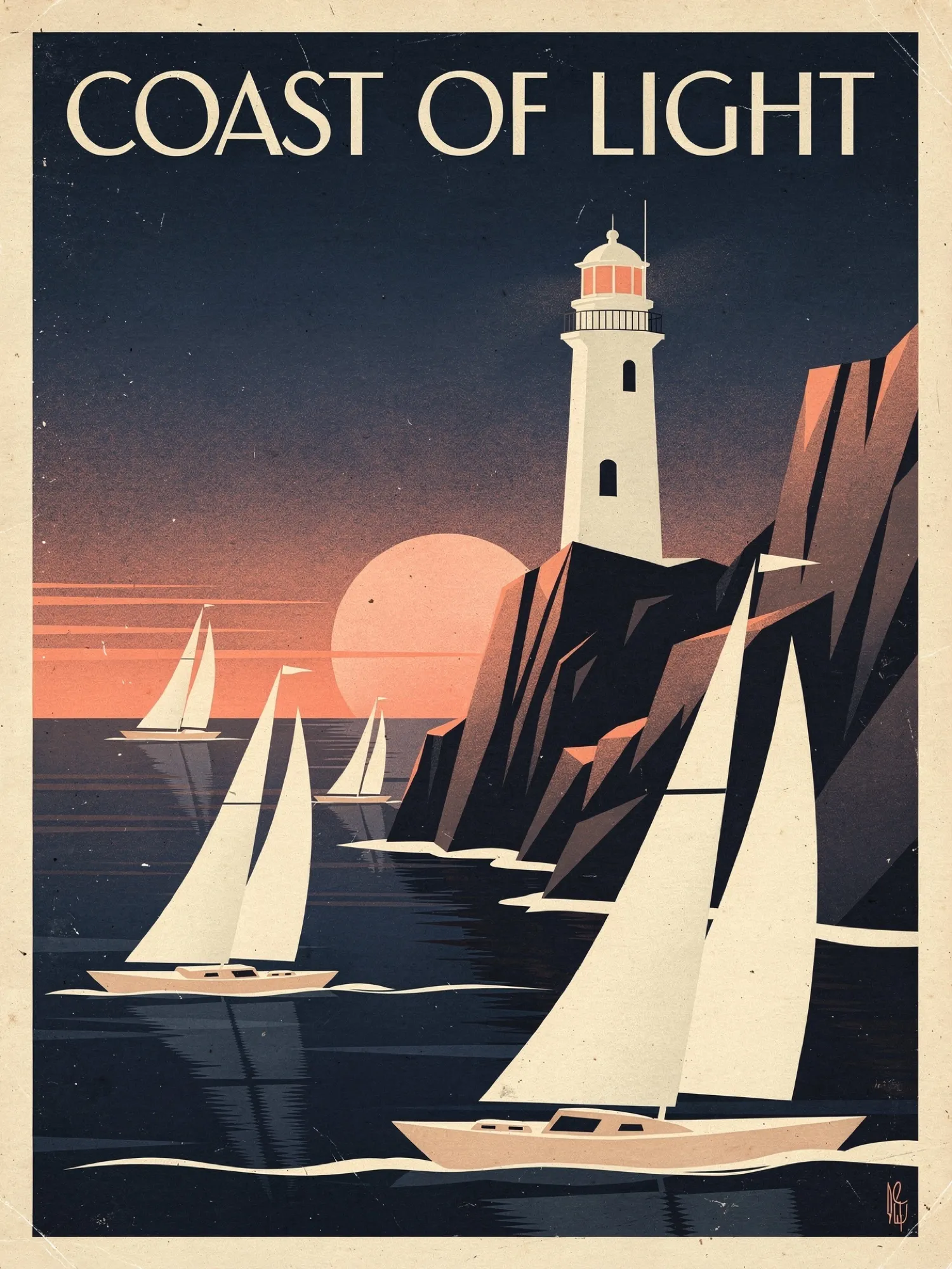 Une affiche art déco COAST OF LIGHT : un phare blanc sur des rochers et des voiliers