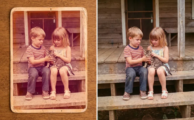 Une photo couleur des années 1970 délavée à dominante orange : un frère et une sœur avec un chaton tigré sur un perron, à côté de la même image aux couleurs naturelles
