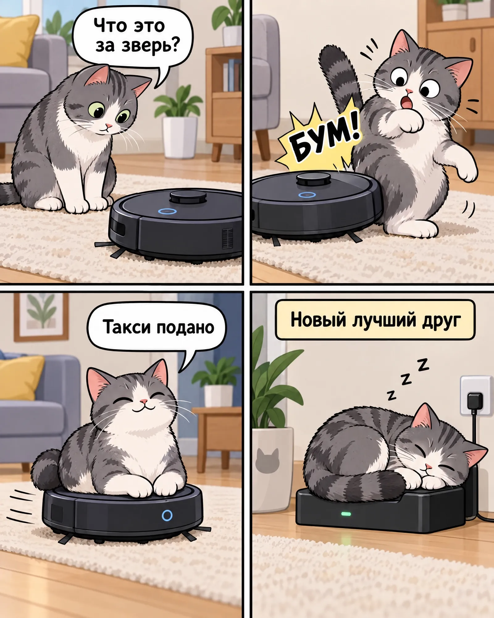 BD en quatre cases sur un chat et un robot aspirateur, avec des répliques en russe