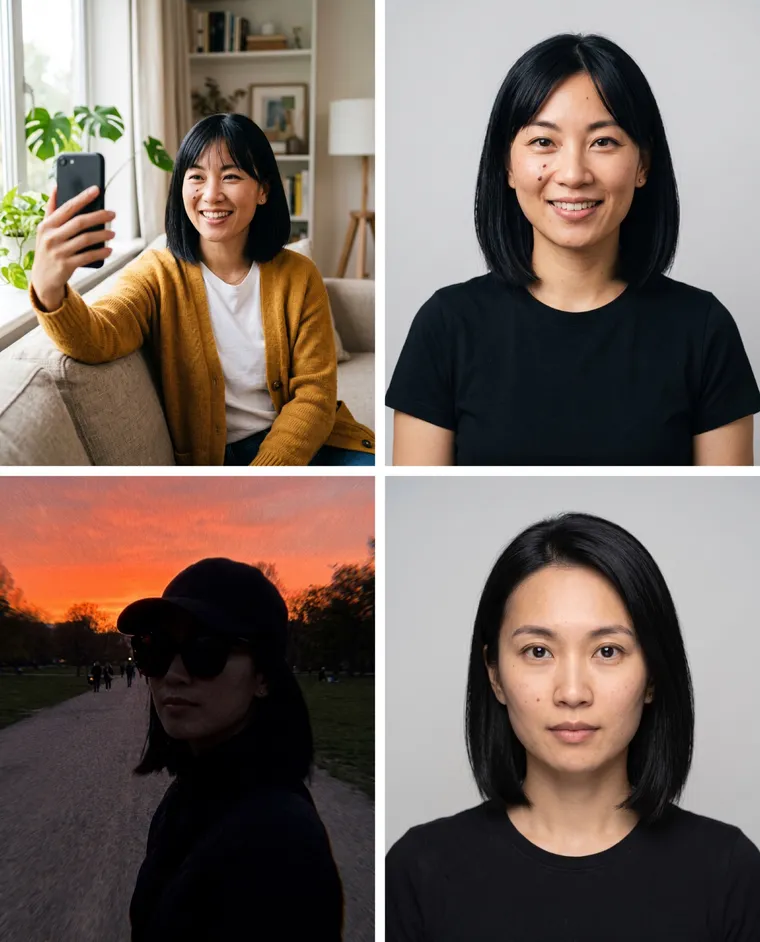 En haut, un bon selfie et le portrait studio tiré de celui-ci, la même femme ; en bas, une photo sombre avec lunettes et casquette, et le portrait tiré de celle-ci, où apparaît une autre femme sans frange