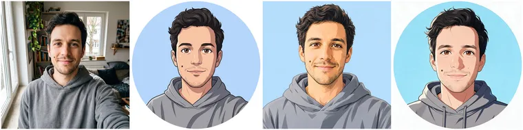 À gauche le selfie d’origine, puis les avatars anime du même homme par Nano Banana Pro, GPT Image 2.5 et Seedream 5.0 Pro