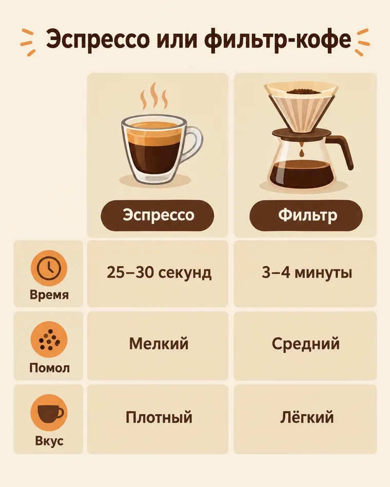 Infographie « Espresso ou café filtre » : deux colonnes avec icônes comparant temps d’extraction, mouture et goût
