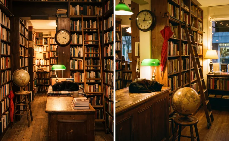 Deux versions d’une librairie : sur les deux, un chat noir dort sur le comptoir, avec un globe, un parapluie rouge, une échelle, une lampe verte et une horloge murale