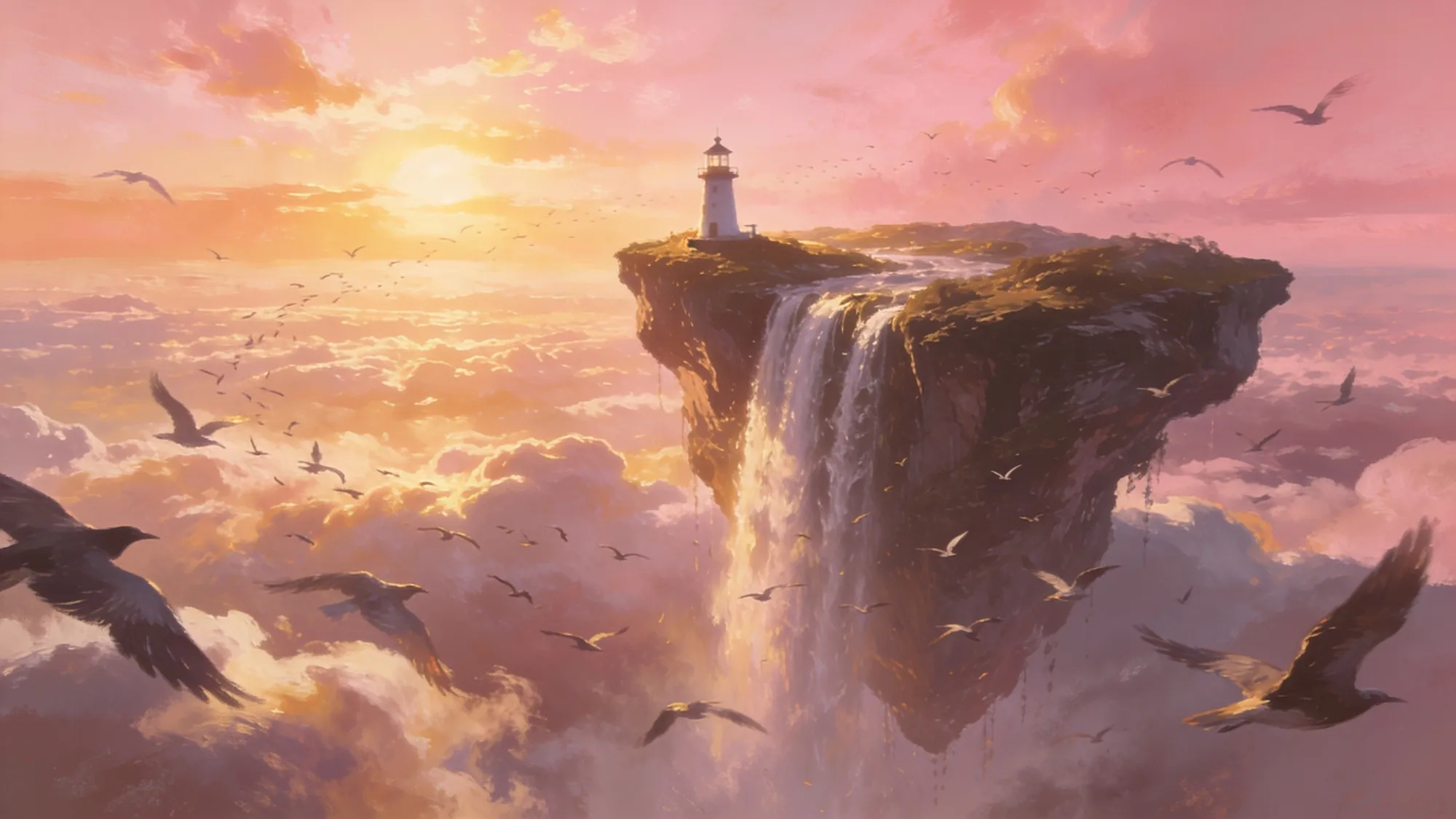 Une île flottante avec cascade et phare au-dessus d'une mer de nuages à l'aube rose