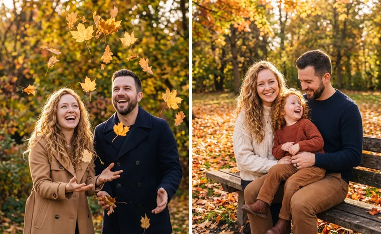 À gauche, un couple lance des feuilles dorées dans un parc ; à droite, une famille avec une fille rousse sur un banc parmi des feuilles orange
