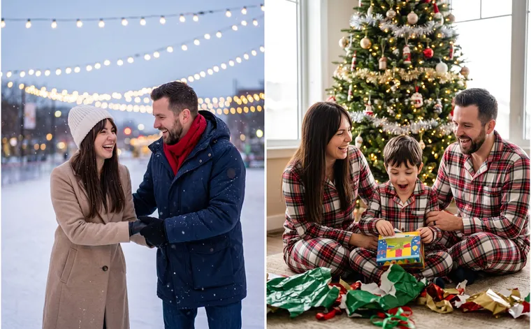 À gauche, un couple qui rit sur une patinoire le soir sous les guirlandes, elle en bonnet blanc, lui en parka bleue et écharpe rouge ; à droite, une famille en pyjamas à carreaux assortis près du sapin, le fils ouvre un cadeau
