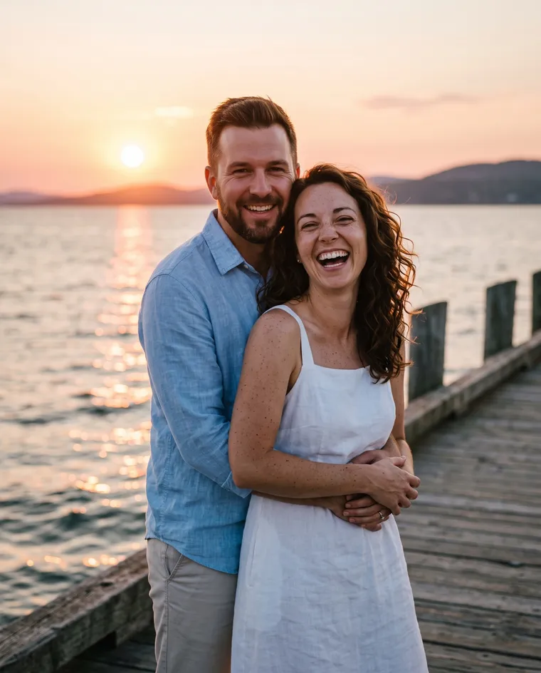 Un homme en chemise bleu clair enlace par-derrière une femme qui rit, en robe blanche, sur un ponton au coucher du soleil