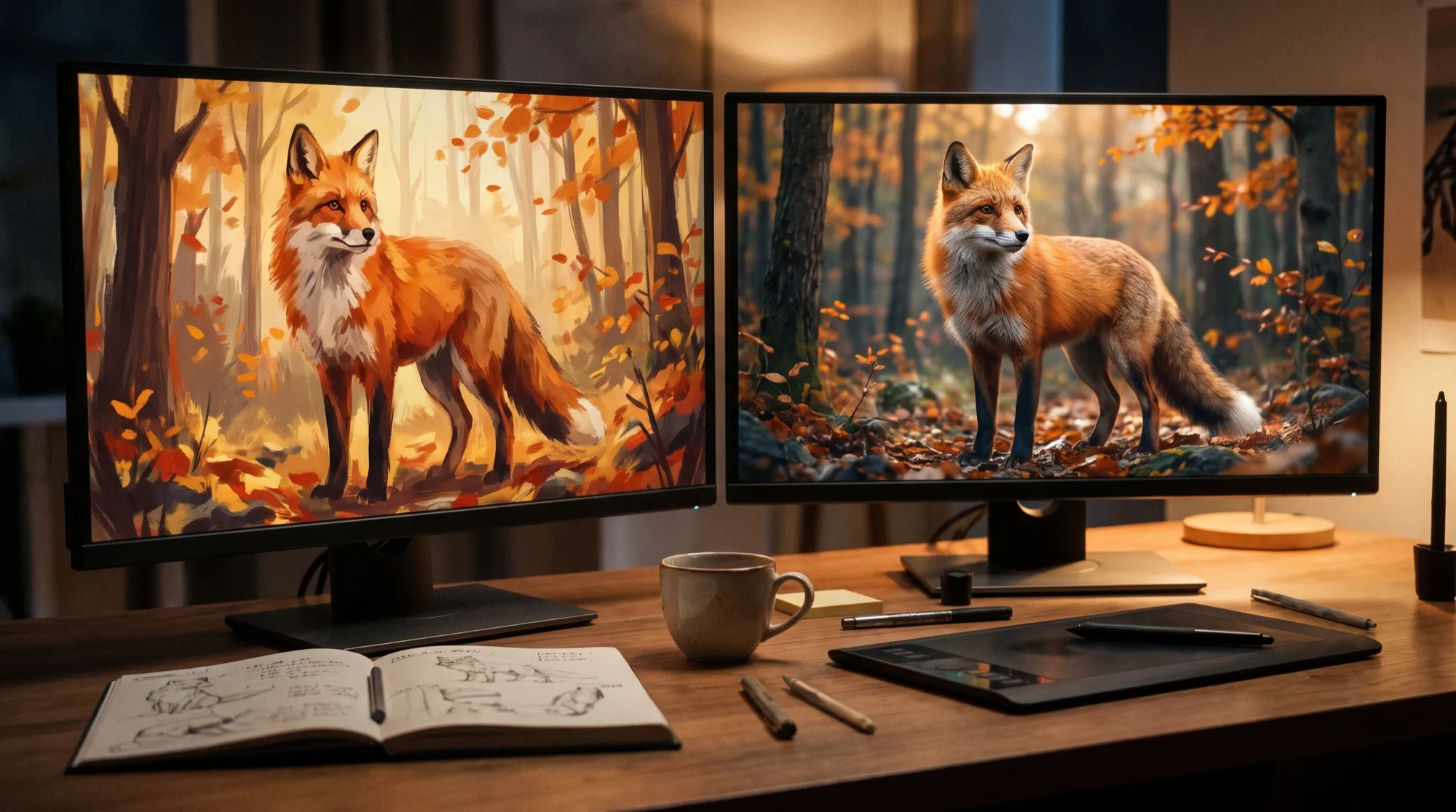 Deux écrans sur le bureau d’un designer : à gauche un renard dans une forêt d’automne en style pictural, à droite le même renard en version photoréaliste