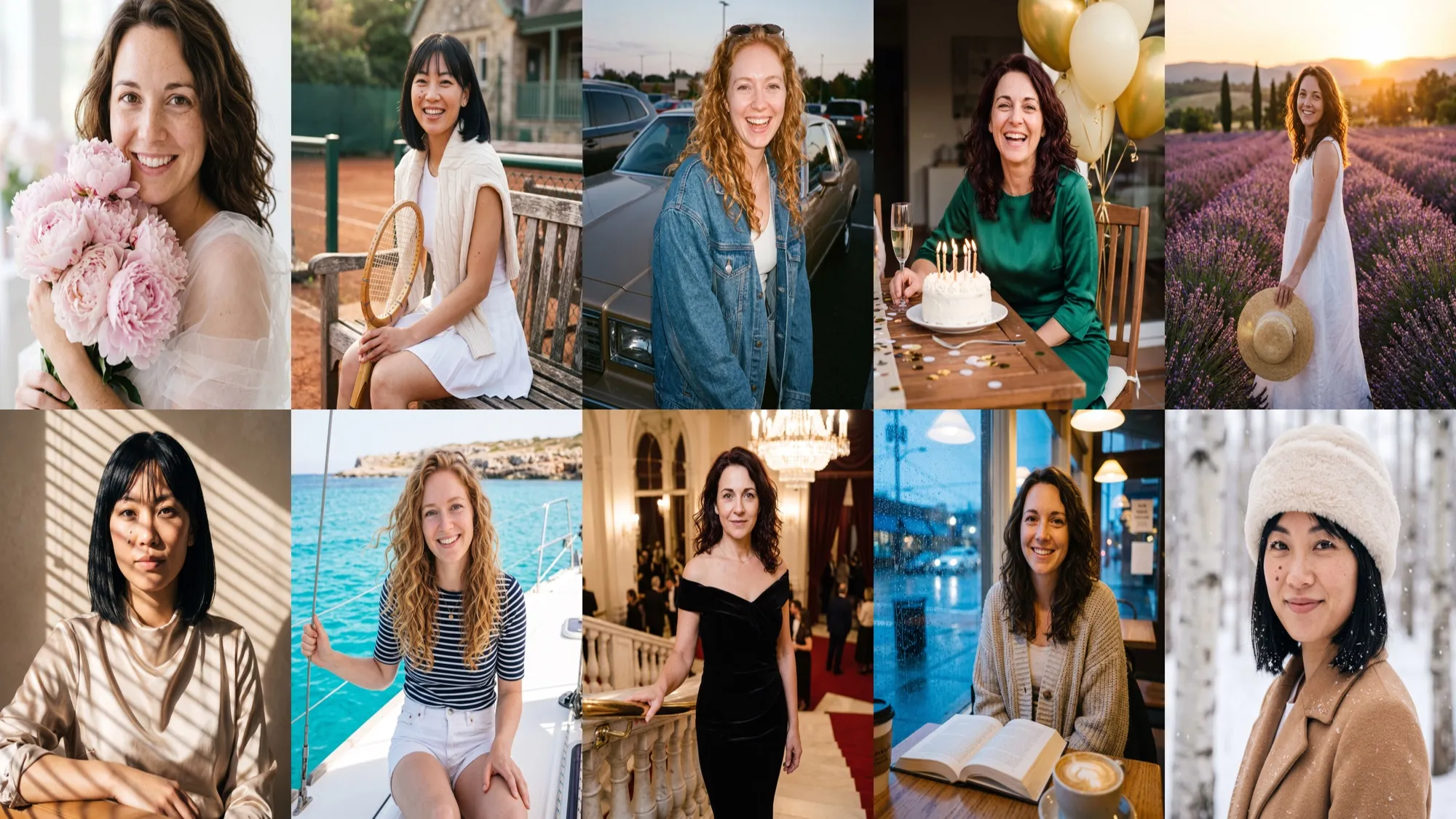 Dix portraits de femme : avec des pivoines, sur un court de tennis, dans un style années 90, à un anniversaire, dans un champ de lavande, avec des ombres de store, sur un yacht, sur l'escalier d'un théâtre, dans un café et en hiver