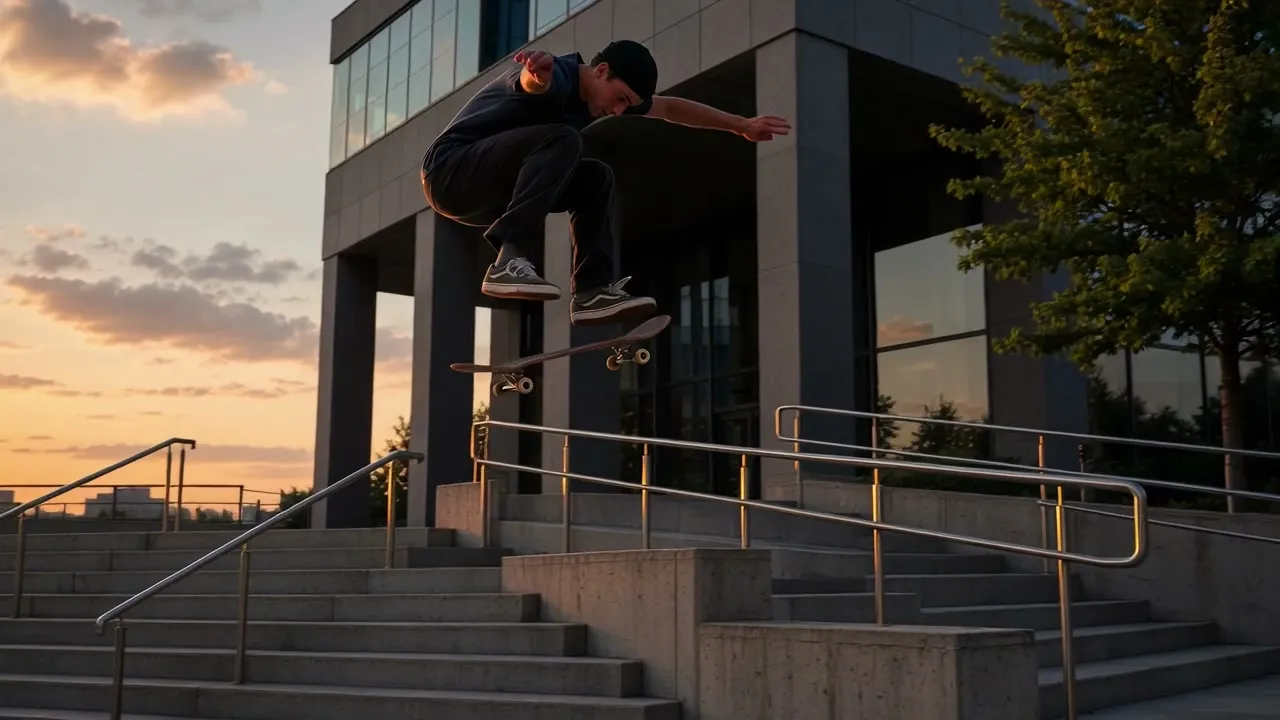 Un skateur fait un kickflip au-dessus d'un escalier en béton sur une place urbaine au coucher du soleil