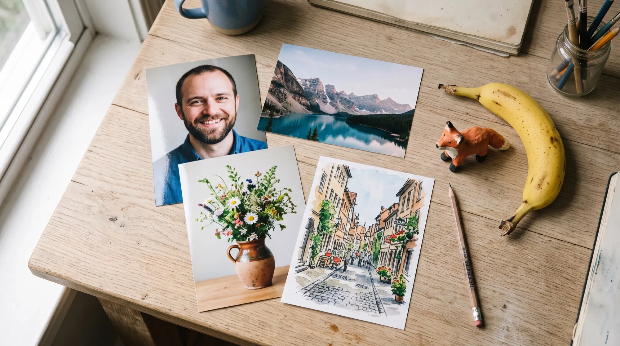 Des photos, une aquarelle et une figurine de renard en argile sur une table en bois à côté d'une banane