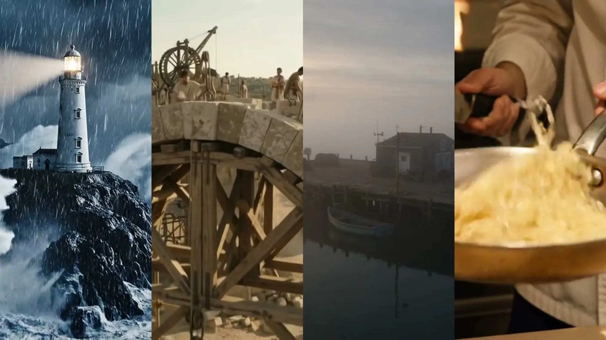Quatre images de clips de modèles différents : un phare dans la tempête, la construction d'un aqueduc, un pêcheur au port, un cuisinier en cuisine