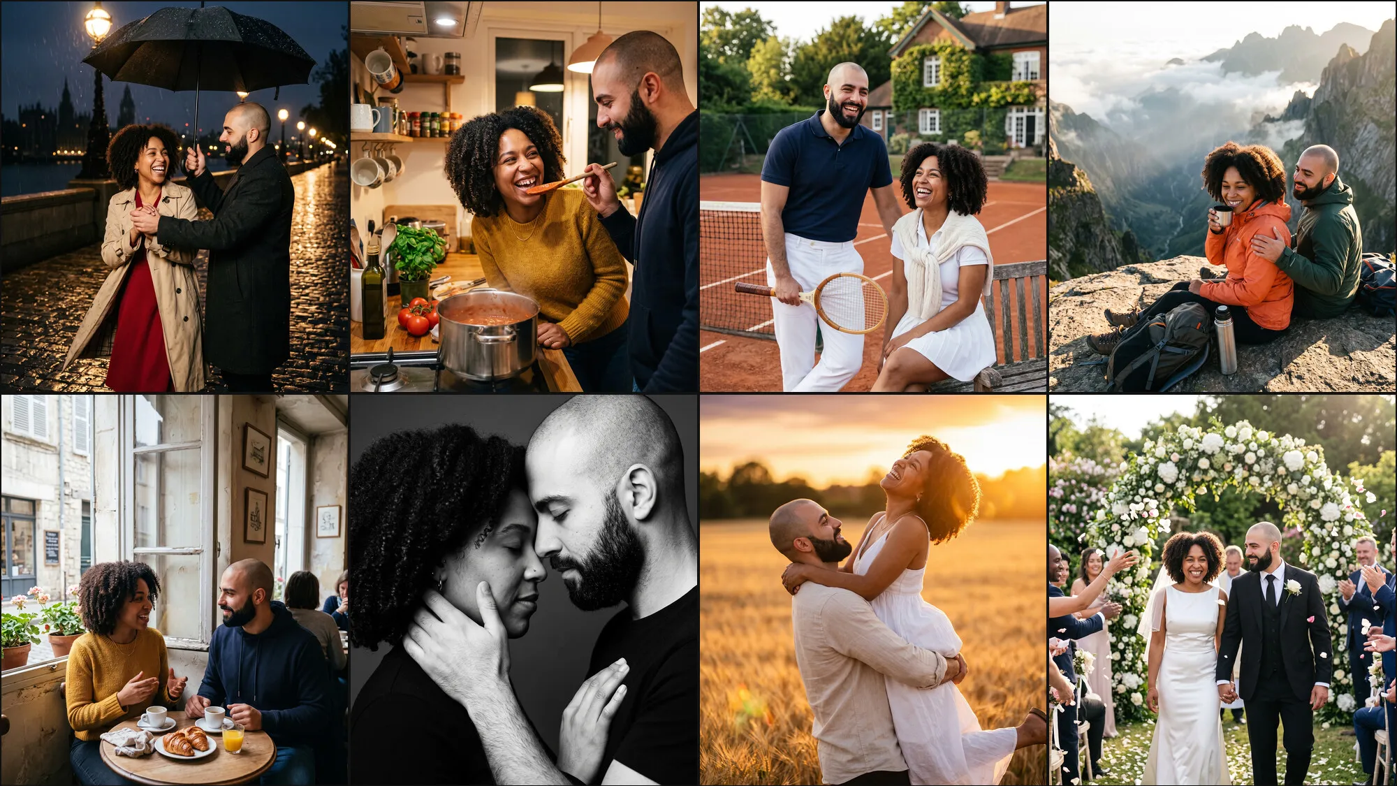 Huit photos d’un même couple : danse sous un parapluie sous la pluie, petit-déjeuner au café, cuisine à deux, portrait noir et blanc front contre front, court de tennis, tournoiement dans un champ de blé, pause en montagne, mariage sous une arche de fleurs