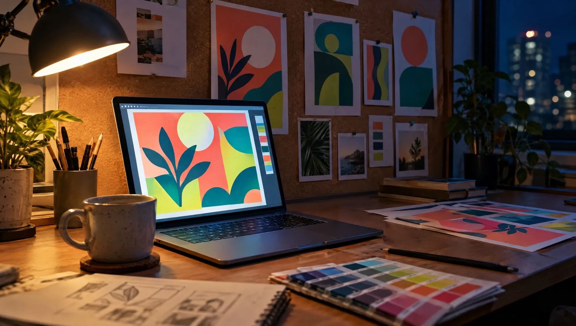 Bureau d’une graphiste le soir : un ordinateur portable avec une affiche abstraite colorée, des impressions sur un tableau en liège, un café et des nuanciers