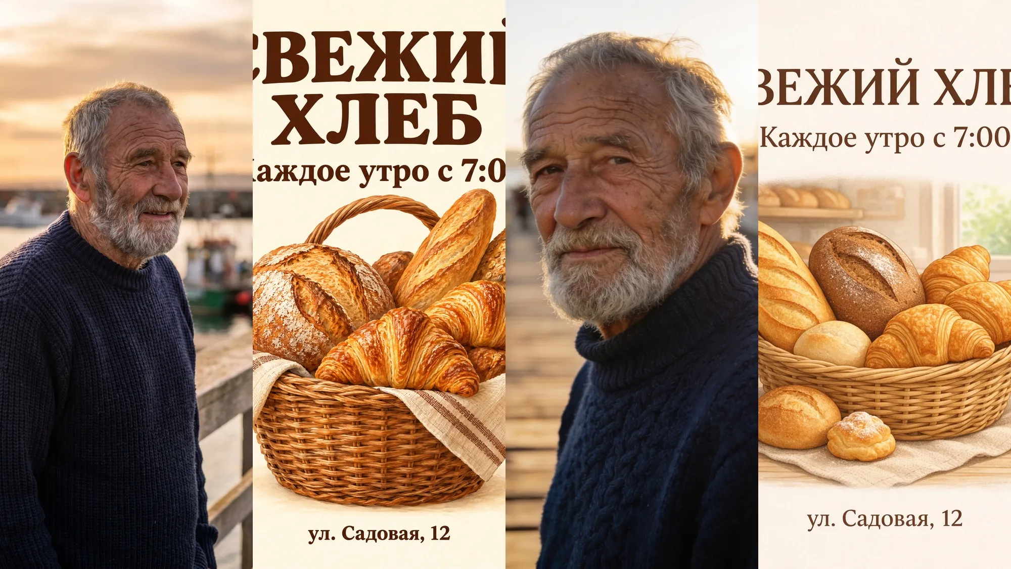 Quatre images de modèles différents : portrait d'un pêcheur âgé sur une jetée et affiches de boulangerie «Свежий хлеб»