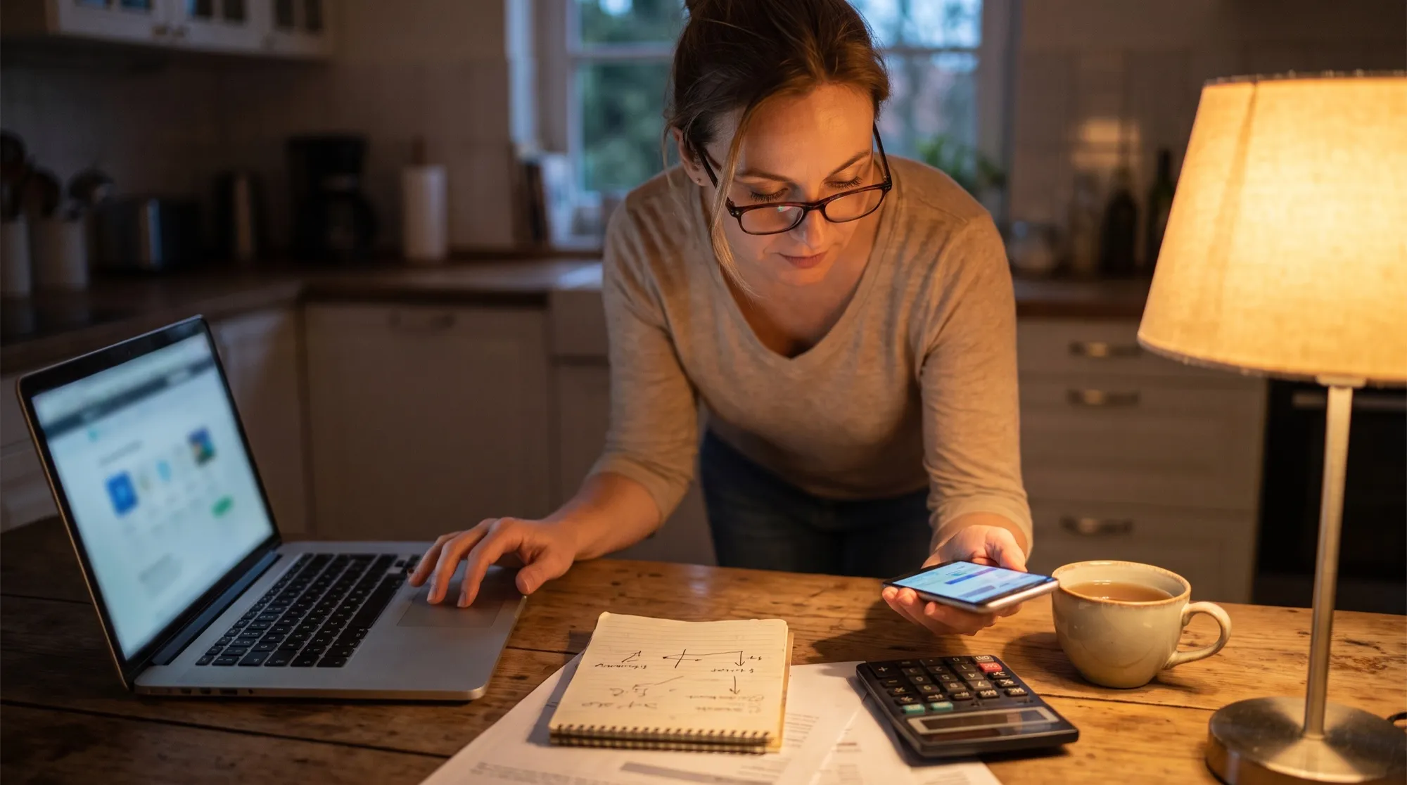 Une femme assise le soir à la table de la cuisine compare des options sur un ordinateur portable et un smartphone, avec un carnet de calculs, une calculatrice et une tasse de thé