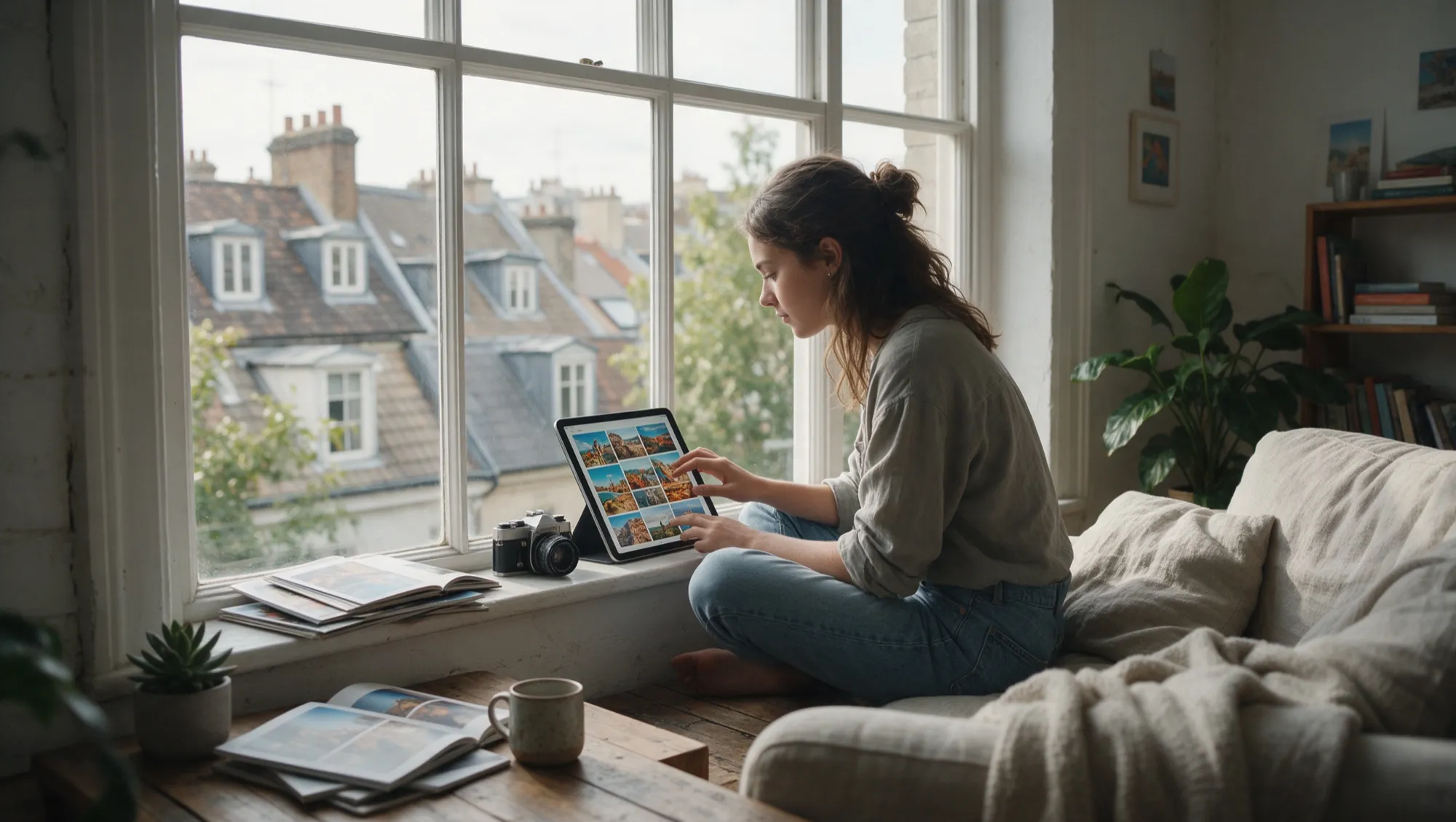 Une jeune photographe assise sur le rebord d’une fenêtre dans un loft lumineux fait défiler sur une tablette une grille de photos éclatantes, avec un appareil argentique à côté