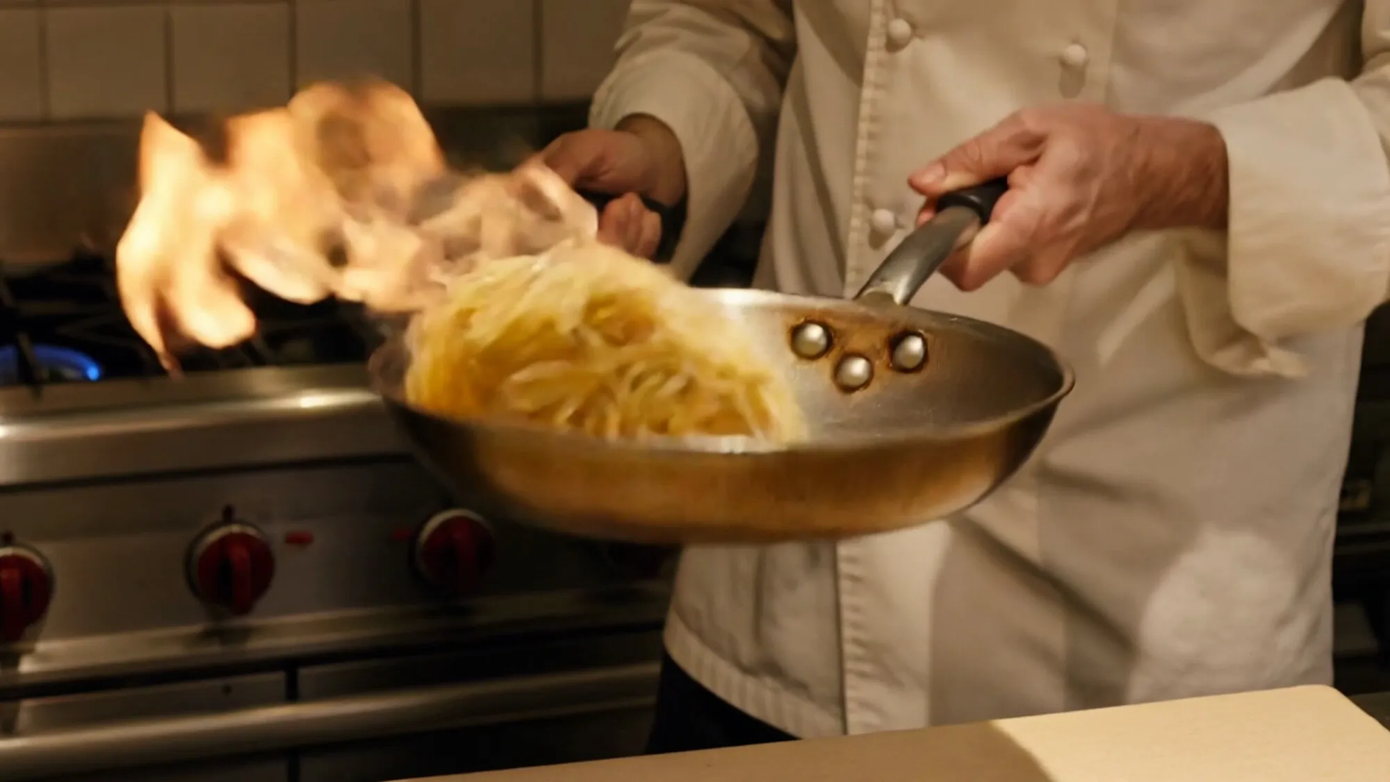 Un cuisinier fait sauter des pâtes dans une poêle en flammes dans la cuisine d'une trattoria