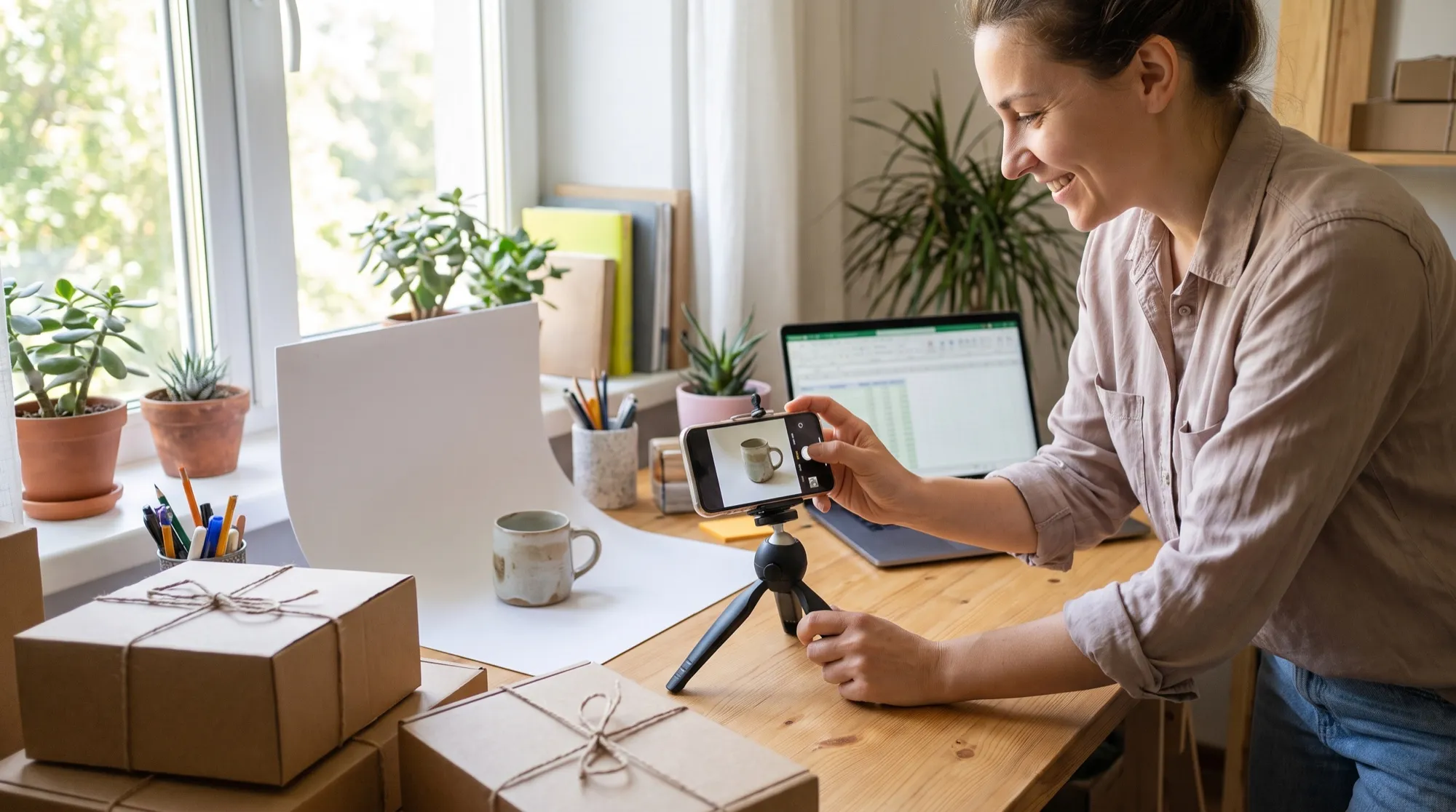 La gérante d’une petite boutique photographie une tasse avec un smartphone sur trépied, à côté de cartons de commandes et d’un ordinateur portable