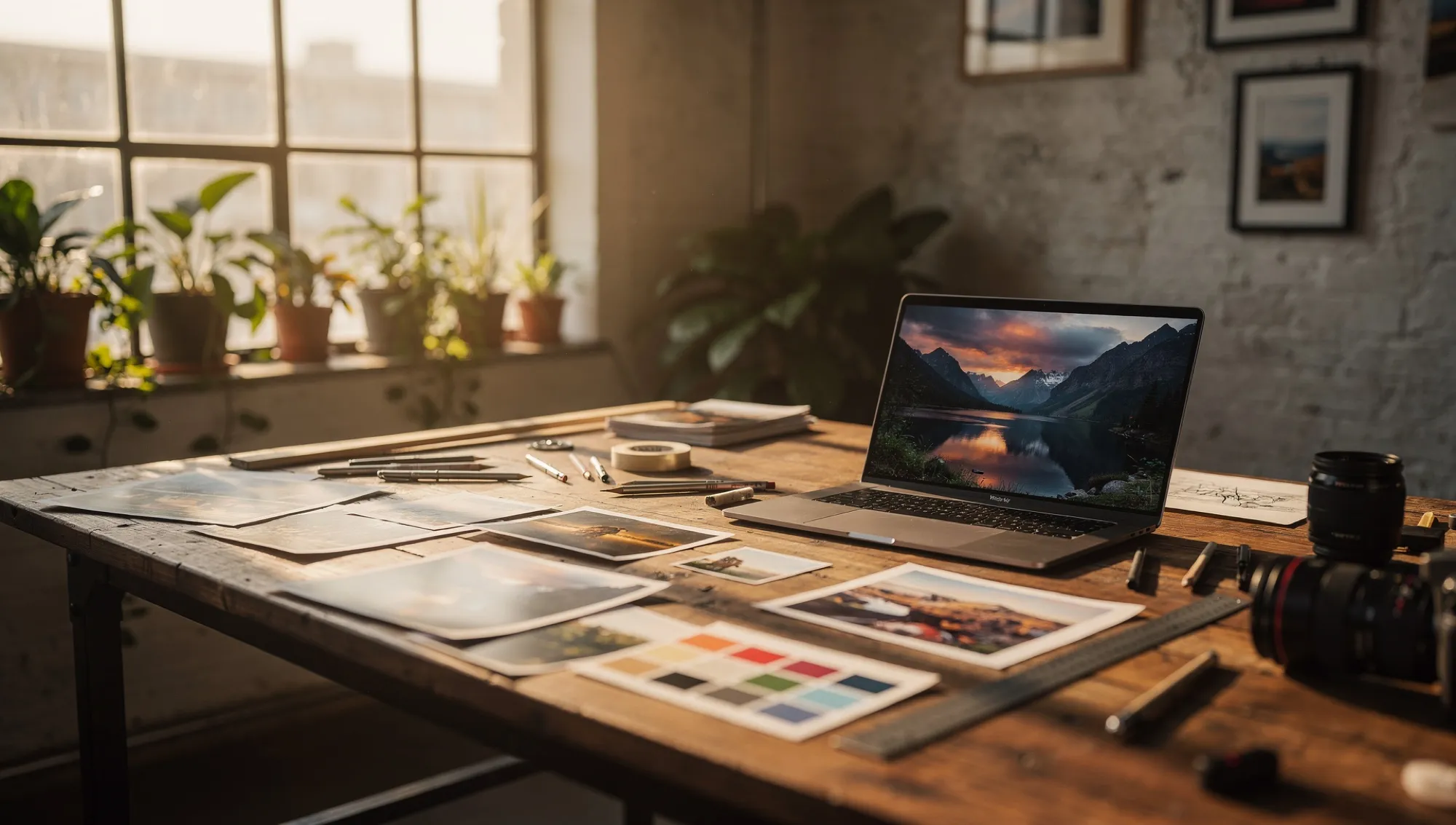 Un loft d'artiste ensoleillé : une grande table avec des tirages photo et une palette, un ordinateur portable affichant un paysage de montagne, des plantes près de la fenêtre