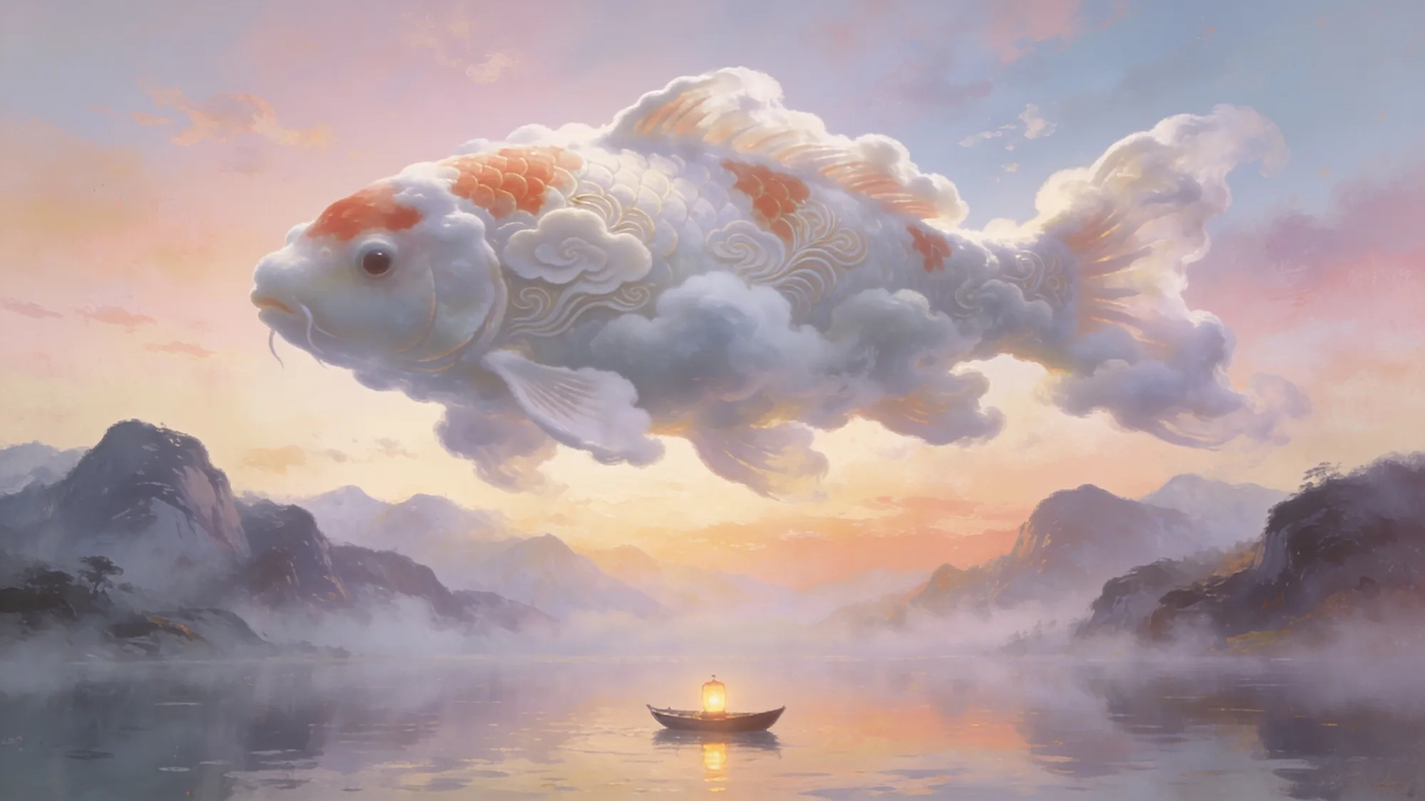 Paysage surréaliste : une carpe koï géante faite de nuages nage au-dessus d'un lac de montagne brumeux, en bas une barque avec une lanterne