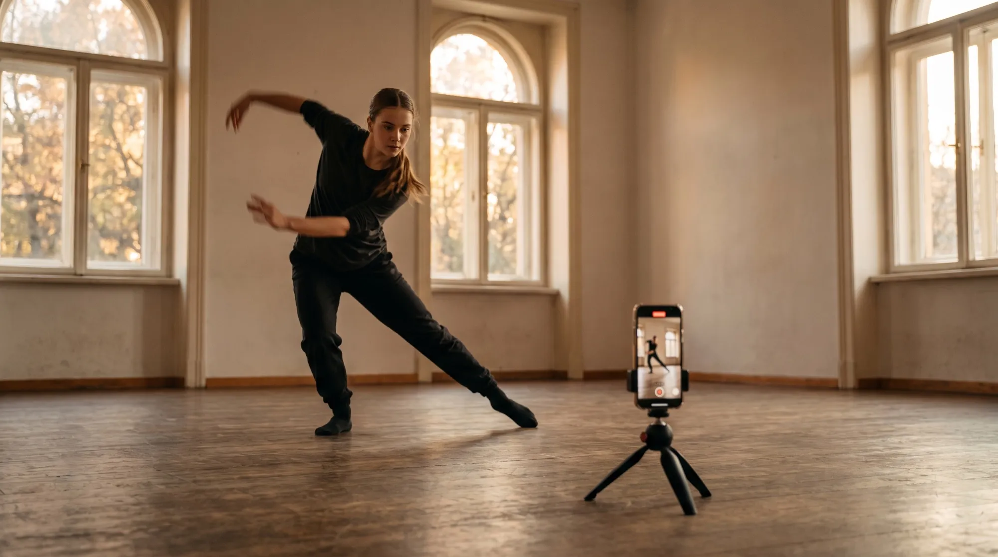 Une danseuse en mouvement dans un studio lumineux aux grandes fenêtres, au premier plan un smartphone sur trépied la filme