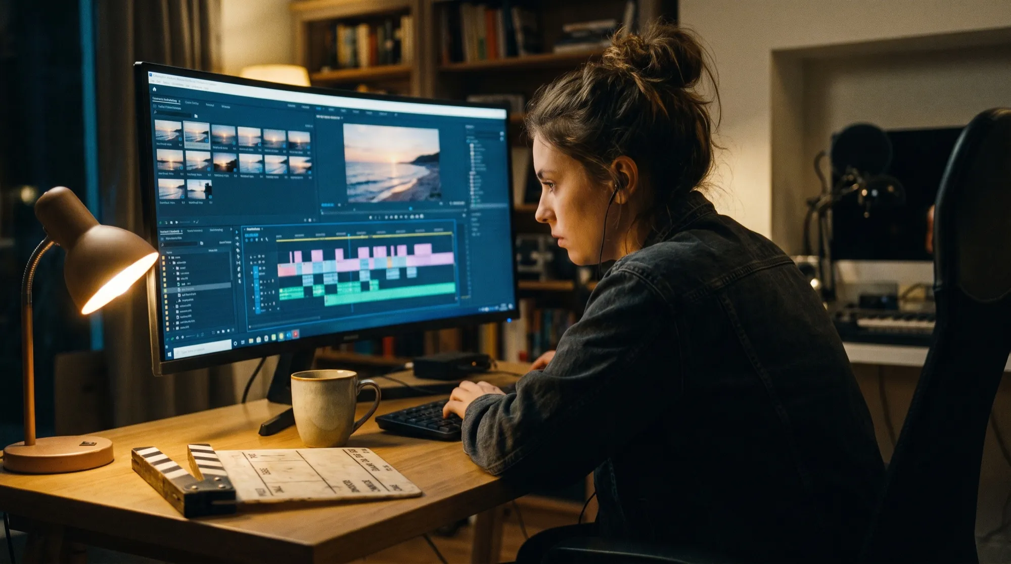 Une jeune femme en veste en jean monte de nuit un clip de coucher de soleil sur la mer sur un grand écran, avec une lampe de bureau, une tasse et un clap à côté