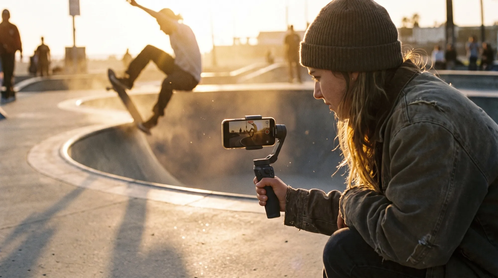 Une jeune femme en bonnet filme avec un smartphone sur stabilisateur un skateur en plein saut au coucher du soleil dans un skatepark