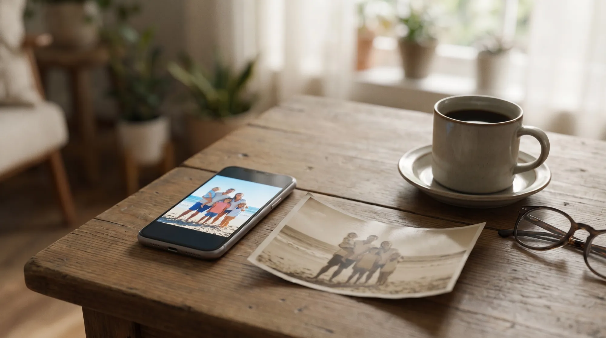 Un smartphone affichant une photo nette en couleur d’une famille au bord de la mer, à côté un vieux tirage flou de la même scène et une tasse de café