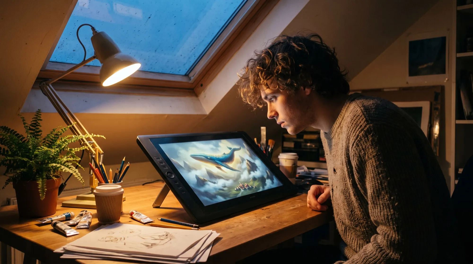 Un illustrateur aux cheveux bouclés dans un atelier sous les toits, le soir, regarde une tablette graphique montrant une baleine nageant dans les nuages au-dessus d’un village de montagne