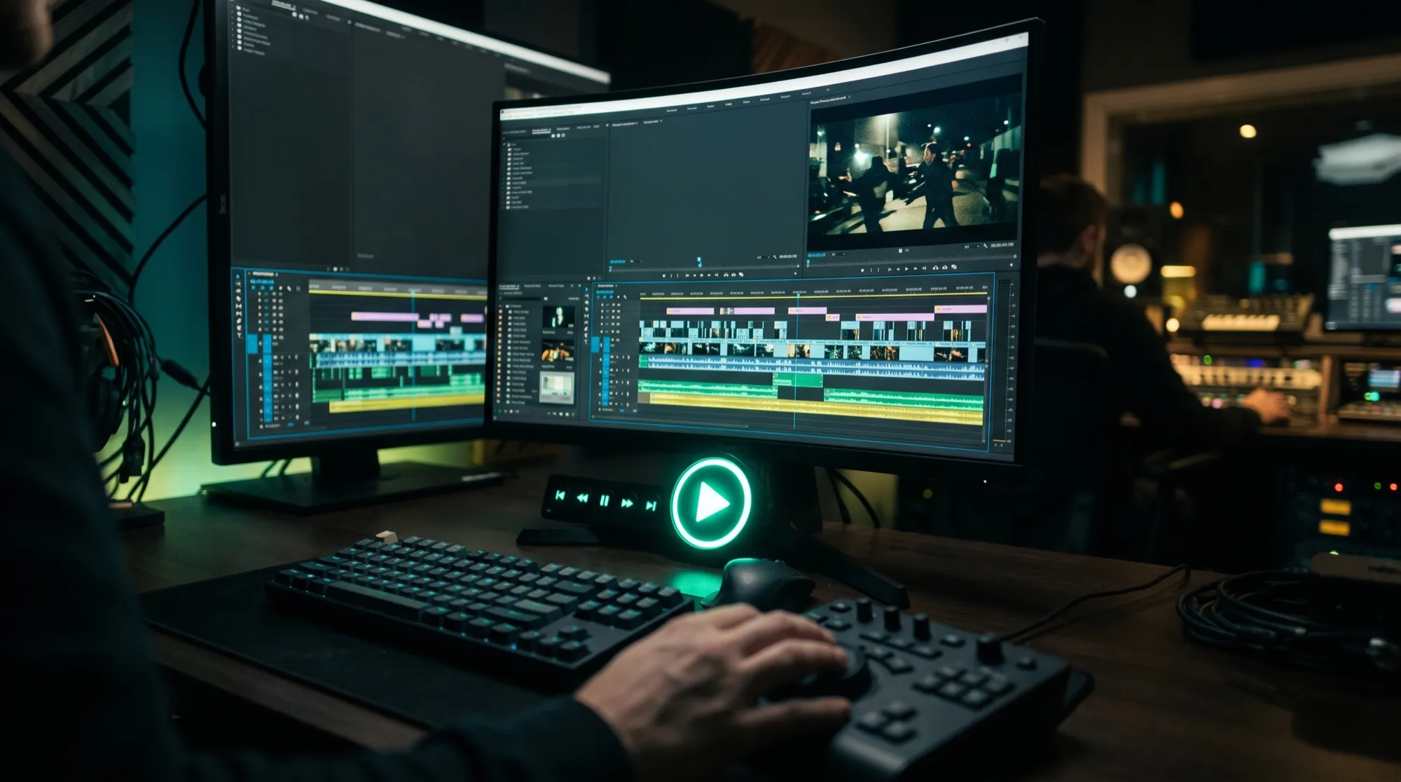 Table de montage dans un studio sombre : un écran avec une timeline de nombreuses vidéos et un bouton de lecture lumineux