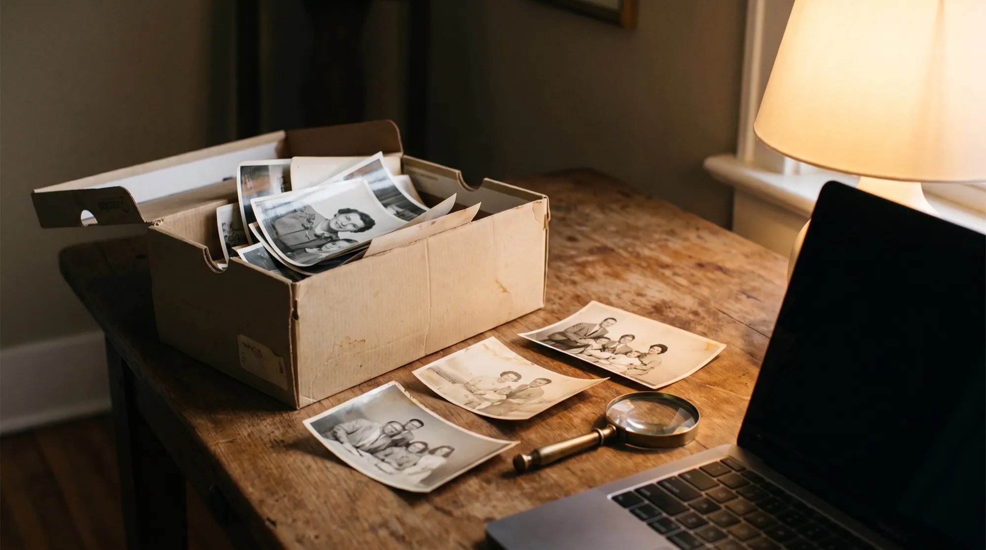 Une boîte à chaussures remplie de vieilles photos de famille sur une table en bois, à côté d’une loupe et d’un ordinateur portable