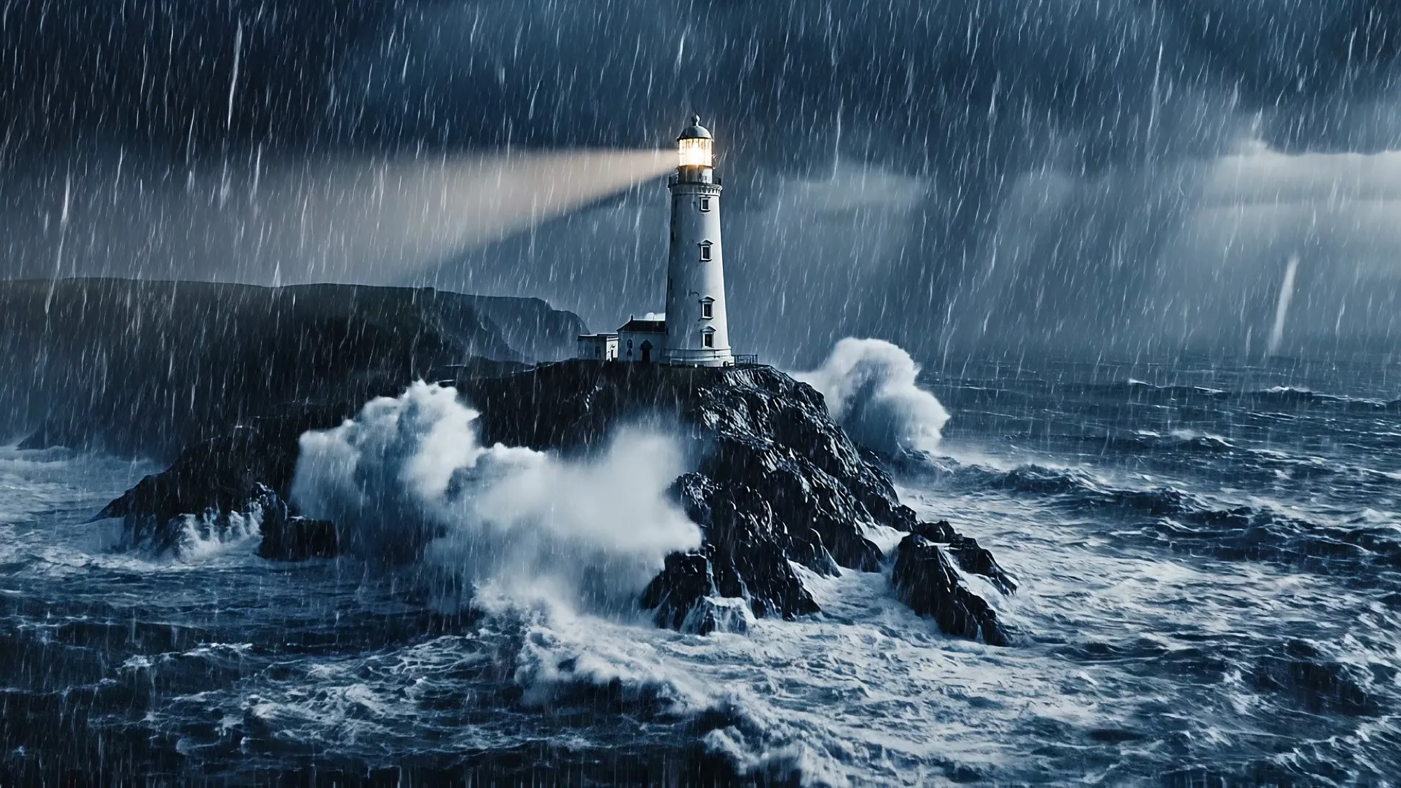 Phare blanc sur une falaise dans la tempête, vagues sur les rochers, un faisceau de lumière dans la pluie